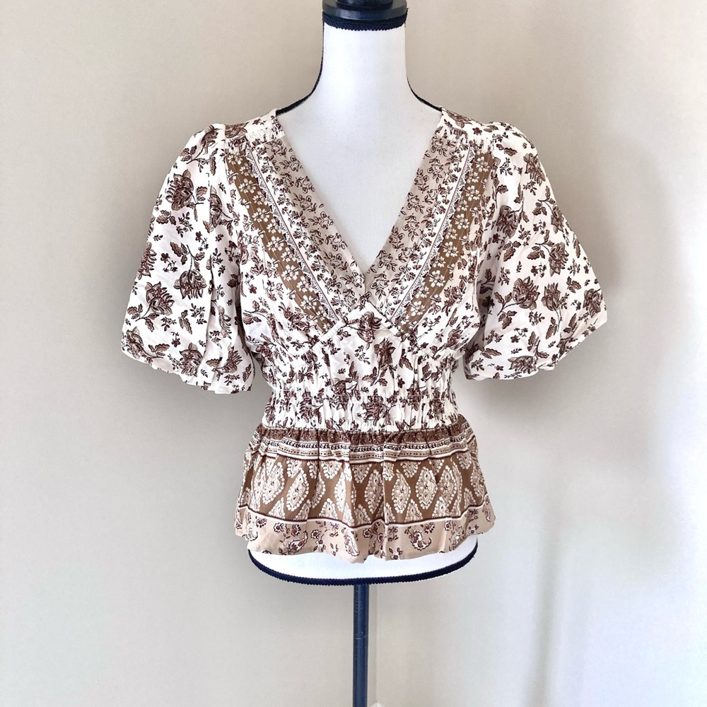 Loft Bohemian Mixed-Pattern Peplum Blouse Size M - Picture 4 of 10